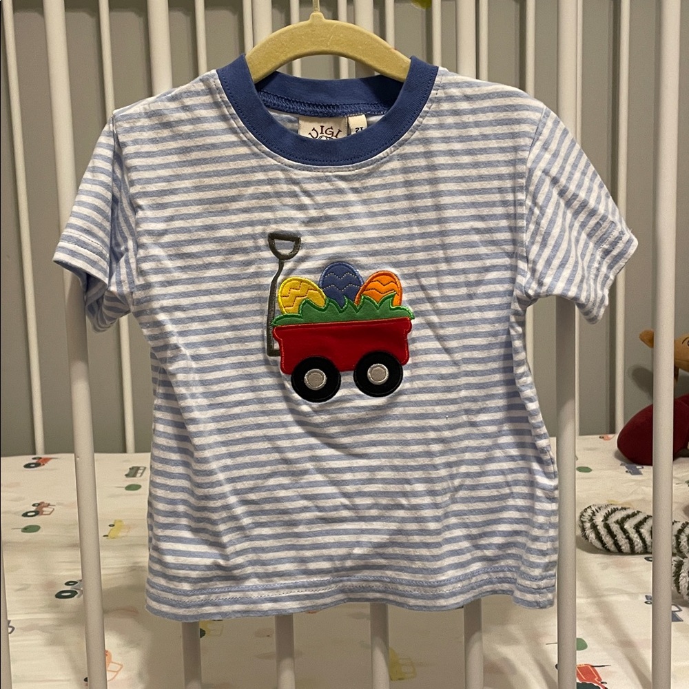 Luigi Kids Striped Short Sleeve Tee with Eggs in Wagon Appliqué 2T